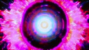 Psychedelic flashing neon pattern with rings and lines. Motion. Bright flashing pattern with neon circles and rays on black background. video