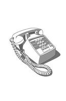 Black and white sketch of a retro landline telephone technology with dial number issolated on white and shadow vector