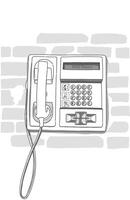 Black and white sketch of a retro public telephone technology with dial number with Brick background vector