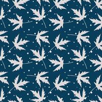 Winter night sky pattern with snowflakes and cold leaves on dark background. vector