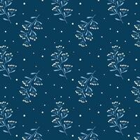 Winter cold blue pattern with branches and snow, twigs with white berries on dark background. vector