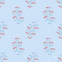 Winter cold pattern with branches and snow, blue twigs with red berries on blue background. vector