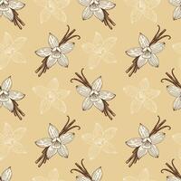 Beige pattern with vanilla spice, contour flowers and sticks on light yellow background. vector