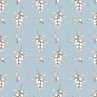 Olive white branches pattern on blue pastel soft background. vector