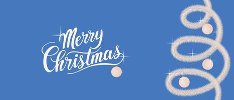 Merry Christmas card on bright blue background with sparkling tinsel and New Year tree decorations. Festive horizontal greeting. vector