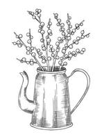 bouquet of Christmas branches in a vintage jug. illustration in sketch style. christmas core vector