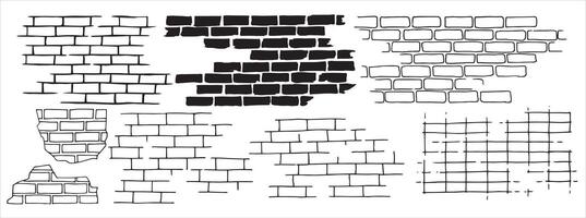 set of brick and stone wall textures, linear drawing in doodle style. vector