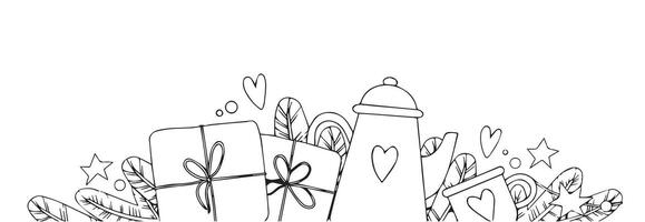 New Year decoration, border, frame. Christmas tree branches, gifts and red teapot. Festive composition for New Year. Coloring book vector