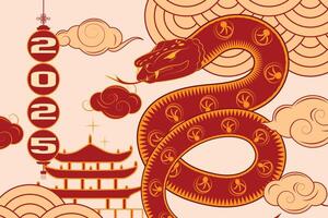 Elegant 2025 New Year design with wave pattern, palace, and festive elements in traditional Chinese style vector