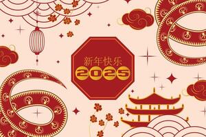 Traditional Year of Snake design with clouds, stars, red lanterns, and wave patterns in gold tones vector