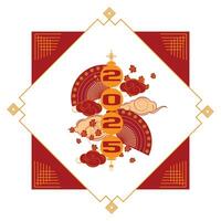 Year of Snake 2025 design with a lantern, clouds, and fans in red and gold flat outline style vector