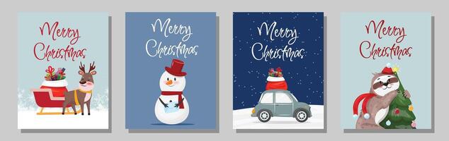Christmas card collection, reindeer sleigh, snowman, car with gifts, and a playful sloth in a decorated tree vector