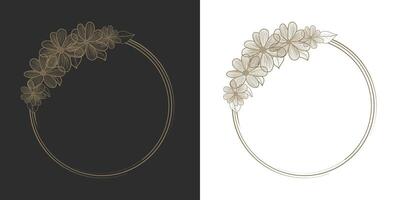 Hand-painted botanical floral elements in a linear style with a round frame. Flowers and leaves. for labels, logos, corporate identity, wedding invitations, wreaths, frames, borders. vector