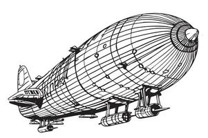 Airship or zeppelin and dirigible or blimp. Engraved hand drawn in old sketch style, vintage transport. vector