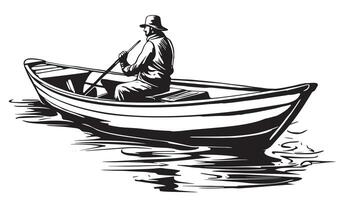 A fisherman with a fishing rod in the boat. Waves and Reflection. Sketch. Outline hand drawing. Isolated object on white background. vector