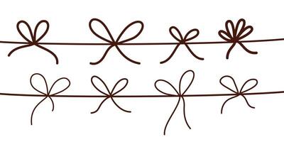 Bow knots set. Cord, string tied. Rope, twine, thin thread with loops row, line. Decorative shapes from horizontal lace, drawing. Hand-drawn graphic illustrations isolated on white background vector