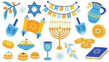 Happy Hanukkah holiday set. Symbols and attributes, menorah, sufganiyah doughnuts, olive branch, flying dove, dreidels. Flat illustrations isolated on white background vector