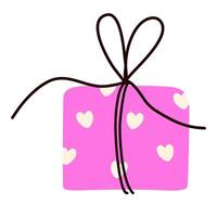 Gift box with bow string. Birthday present in festive paper wrapping. Holiday surprise in simple doodle style. Giftbox icon. Flat graphic illustration isolated on white background vector