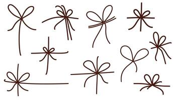Knots, decorative string bows. Thin cords, ribbons tied in loops for gift box, holiday decor. Line ropes, simple laces, threads for package. Hand-drawn illustration isolated on white background vector