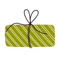Gift box with bow string. Birthday present in festive paper wrapping. Holiday surprise in simple doodle style. Giftbox icon. Flat graphic illustration isolated on white background vector