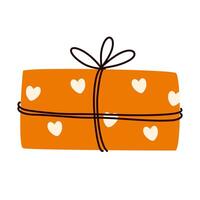Gift box with bow string. Birthday present in festive paper wrapping. Holiday surprise in simple doodle style. Giftbox icon. Flat graphic illustration isolated on white background vector