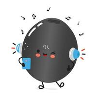 Black Olive listens to music on headphones with a smartphone. hand drawn cartoon kawaii character illustration icon. Cute Black Olive character enjoying music on a smartphone vector