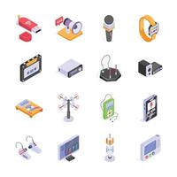 This vibrant isometric design showcases a collection of communication and technology devices, from vintage cassette players to modern smartwatches vector
