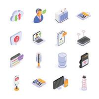 This image features a collection of isometric icons, depicting various modern communication and technology tools. vector