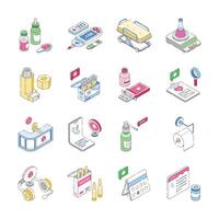 Isometric icons represent a comprehensive range of healthcare essentials, including medication, medical equipment, diagnostic tools, and support services. vector