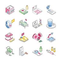 A collection of isometric icons representing various aspects of healthcare vector