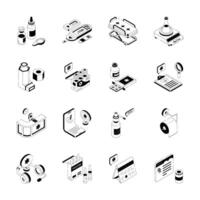 Isometric icons represent a comprehensive range of healthcare essentials, including medication, medical equipment, diagnostic tools, and support services. vector
