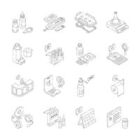 Isometric icons represent a comprehensive range of healthcare essentials, including medication, medical equipment, diagnostic tools, and support services. vector