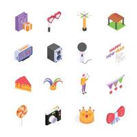 This image features a set of colorful, isometric icons depicting various elements associated with a celebration or event vector