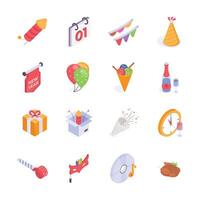 This vibrant set of isometric icons depicts various New Year's Eve and party elements vector