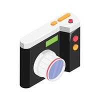 Photo camera with lens and button showing concept icon of photography in trendy isometric style vector