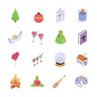 This set of colorful, isometric icons depicts various festive elements associated with Christmas and the holiday season. vector