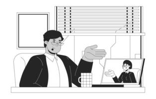 HR conducting virtual interview with candidate black and white 2D line characters. Diverse employer with laptop, woman job seeker isolated outline people. Monochromatic spot illustration vector