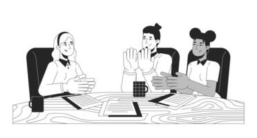 Diverse team members clapping hands at desk black and white 2D line characters. Applause colleagues. Office workers cheering together isolated outline people. Monochromatic spot illustration vector