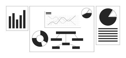Corporate charts posters black and white 2D line objects set. Analysis diagrams. Analytical graphs presentation pages isolated clip arts outline items collection. Monochrome spot illustrations vector