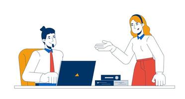 Caucasian male supervisor and female intern positive communication 2D cartoon characters. Internship business adults isolated people flat on white background. Spot illustration colorful vector