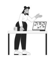 Latina office worker explaining data table on laptop black and white 2D line character. Business casual employee standing behind desk isolated outline person. Monochromatic spot illustration vector