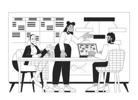 Productive collaboration in meeting room linear illustration. Business startup analytics. Briefing team members colleagues diverse 2D line characters isolated on white. Monochrome outline image vector