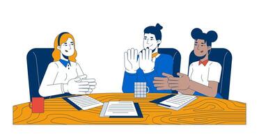 Diverse team members clapping hands at desk 2D cartoon characters. Applause colleagues. Office workers cheering together isolated people flat on white background. Spot illustration colorful vector