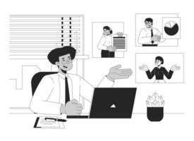 Remote worker conferencing black and white 2D illustration concept. Home office. Videoconference meeting online colleagues multiracial outline characters isolated. Metaphor monochrome art vector