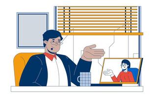 HR conducting virtual interview with candidate 2D cartoon characters. Diverse employer with laptop, woman job seeker isolated people flat on white background. Spot illustration colorful vector