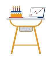 Laptop chart with party cake on side table 2D cartoon object. Celebrating revenue target. Company milestones celebration isolated element flat clipart on white background. Spot illustration vector