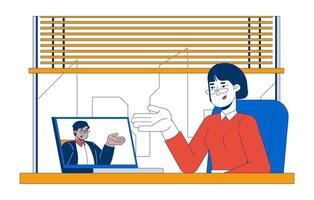 HR manager conducting interview through call 2D cartoon characters. Videoconferencing job applicant and employer isolated people flat on white background. Spot illustration colorful vector