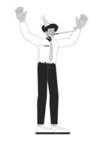 Hispanic office worker blowing into party horn black and white 2D line character. Latin american employee with whistle blower noisemaker isolated outline person. Monochromatic spot illustration vector
