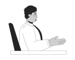 Arab middle aged business man sitting at desk gesturing hand black and white 2D line character. Middle eastern businessman manager table isolated outline person. Monochromatic spot illustration vector