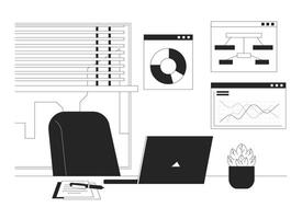 Data analytics job workspace black and white 2D illustration concept. Analysis charts desk setup. Office space laptop potted plant outline background isolated. Metaphor monochrome art vector